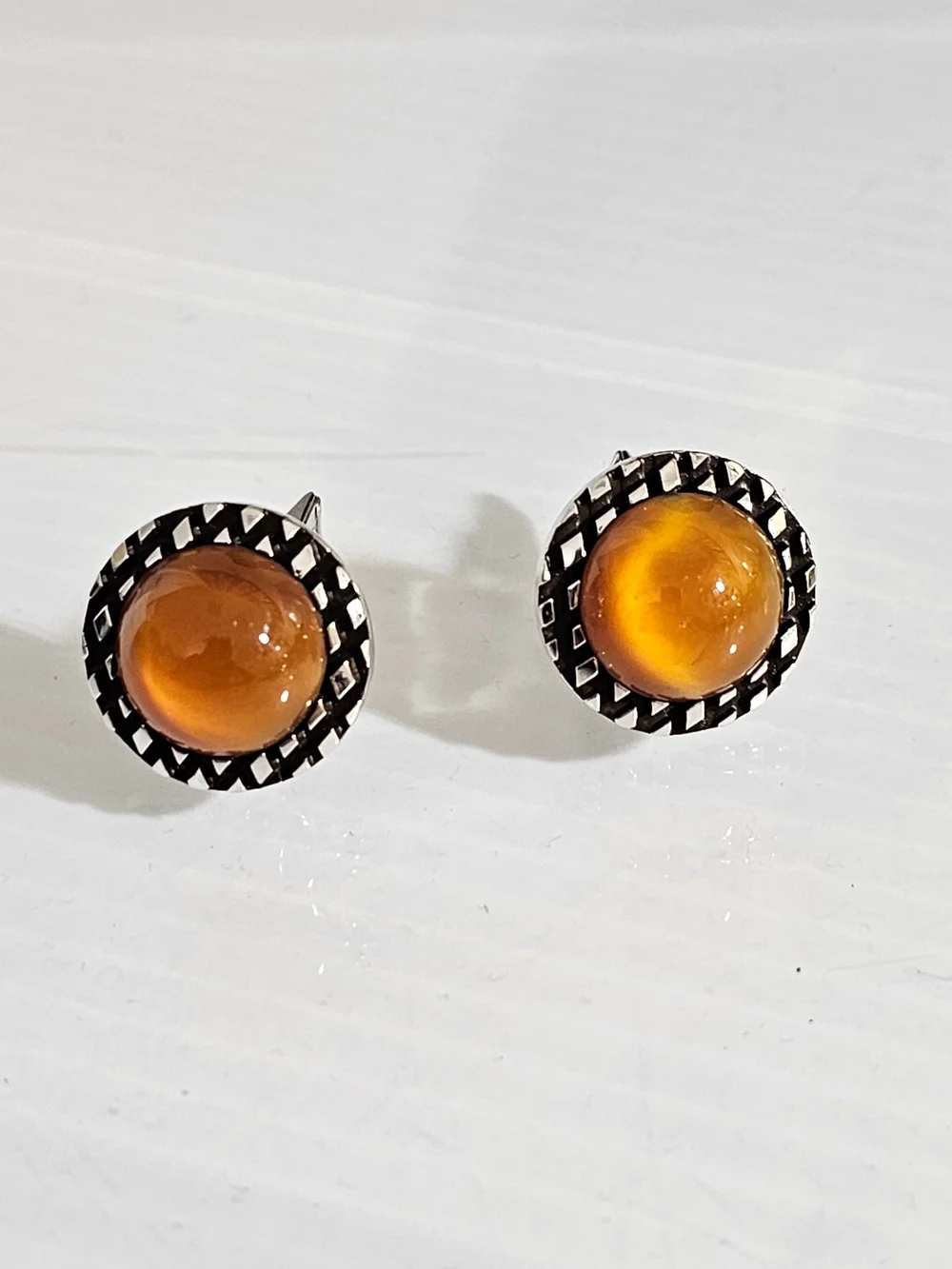 Vintage Silvertone & Amber Colored Jewelry Glass Cufflinks Soviet Era